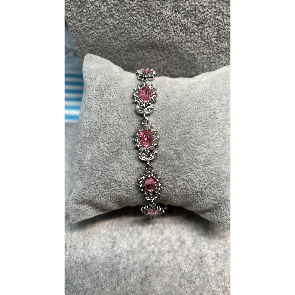 #21. Silver-tone Pink Tourmaline Crystal Floral Link Bracelet